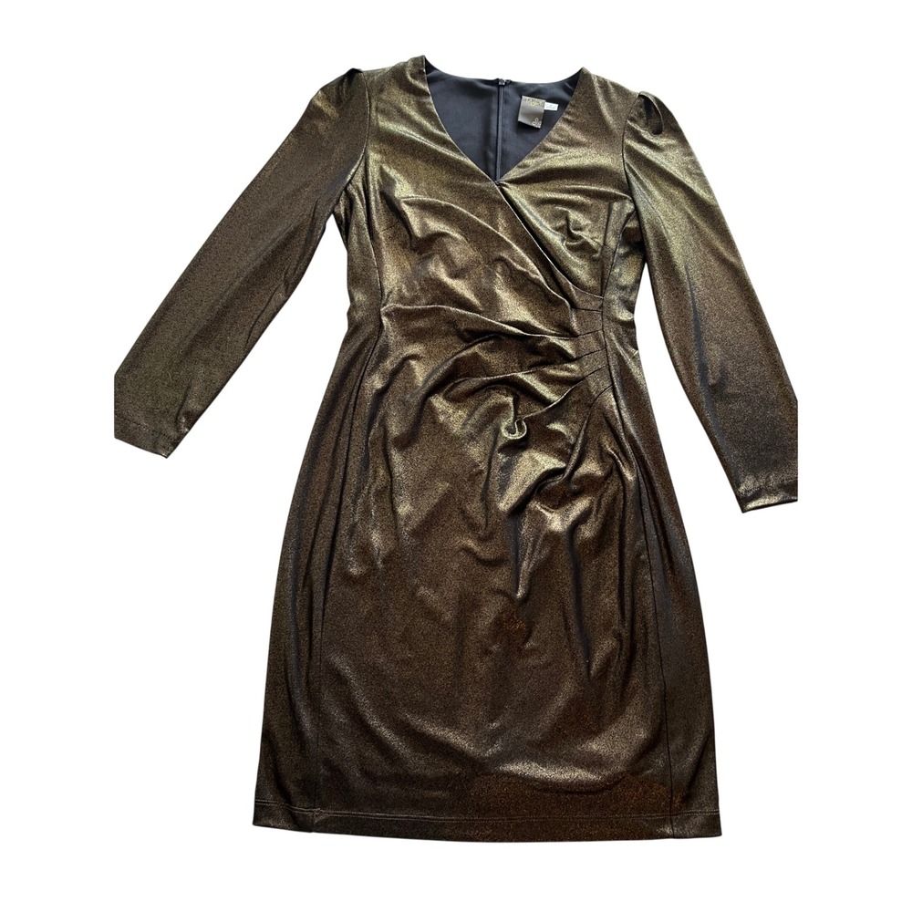 Taylor Gold Metallic Ruched V-Neck Long Sleeve Sheath Cocktail Dress Womens 4